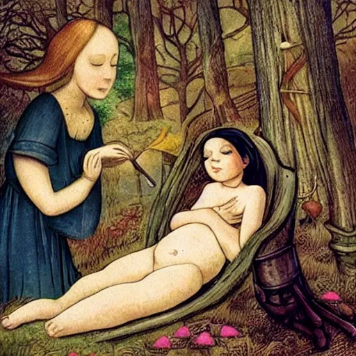 Prompt: “ sensual nurse treating medieval child girl in a fantasy forest, artwork ”