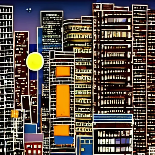 Image similar to abstract city street buildings fragments and neon signs floating, night, big moon