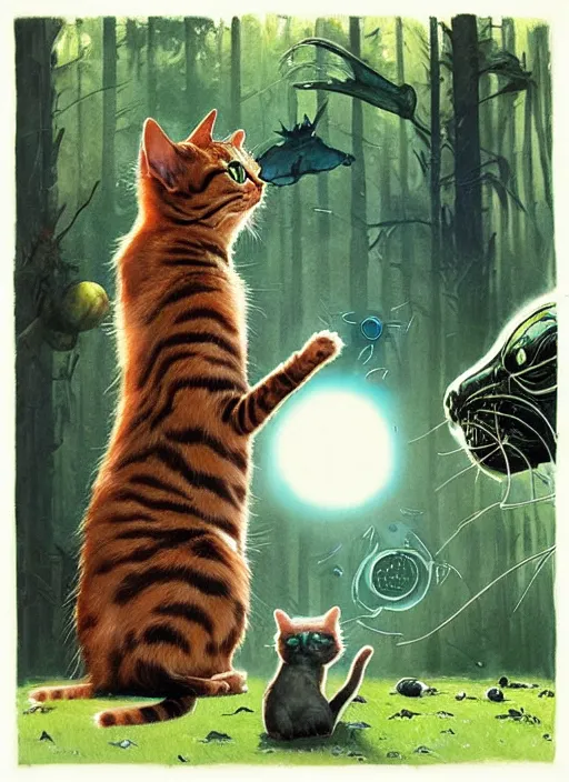 Image similar to a hyper realistic cat meeting an alien. and sunbeams blue sky, lush forest foliage painting by chiara bautista and norman rockwell and greg rutkowski weta studio, and lucasfilm