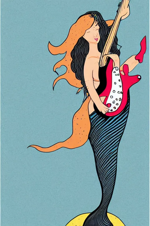 Image similar to illustration of a mermaid playing an stratocaster electric guitar, surf art