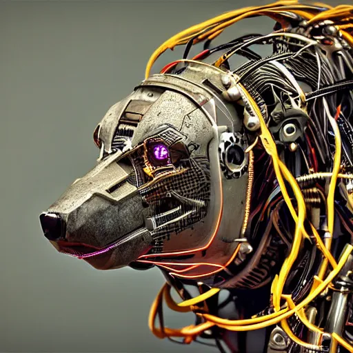 Image similar to robotic cyberpunk hyena, many wires and metal exposed, realistic photo, bladerunner