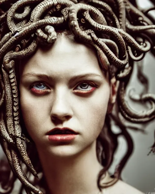 Prompt: beautiful insanely detailed portrait of a dark and mysterious Medusa, 35mm, cinematic shot, photorealistic, hard light, depth of field