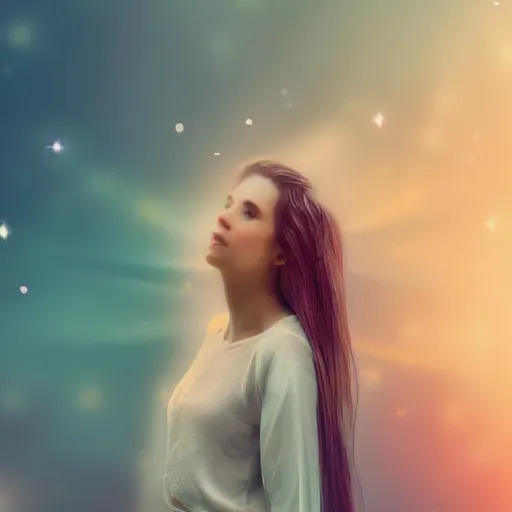 Prompt: portrait of a female angel, wings, concept art, bokeh, light mode, 3 2 k, angelic, rays of shimmering light