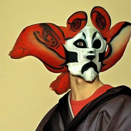 Prompt: a beautiful male wearing a kitsune mask, painted by michelangelo, ombre colors