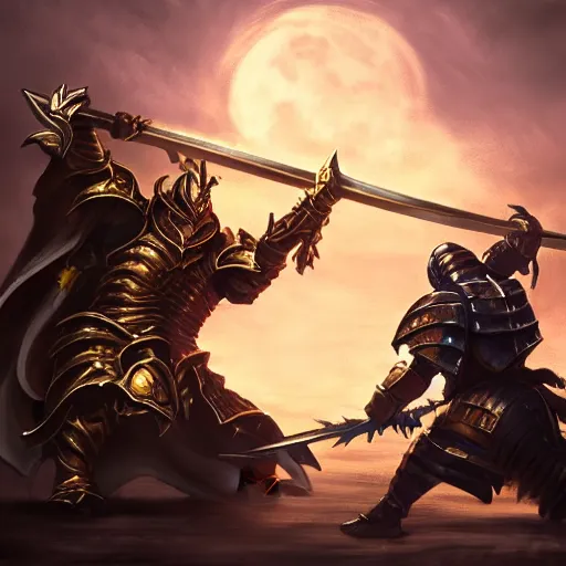 Image similar to A highly detailed matte acrylic painting of a heavily armored paladin wielding a very bright glowing gold sword, fighting in a huge battle at dusk, concept art, trending on artstation.