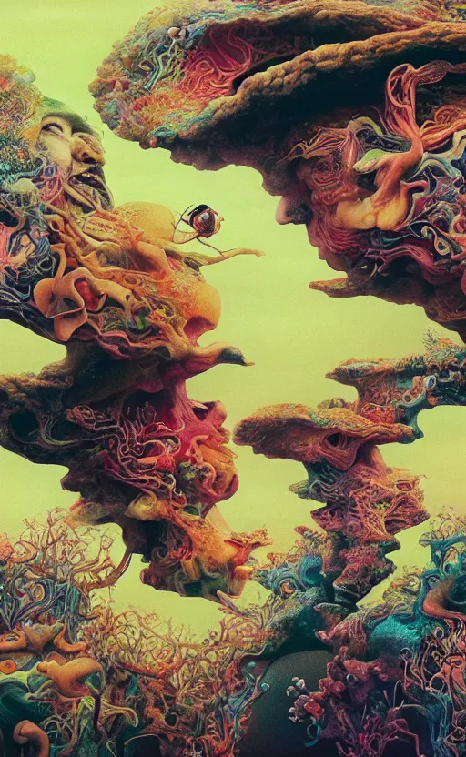 Image similar to ultrawide angle colour masterpiece surreal closeup portrait photography of the beatles playing on stage by miho hirano and annie leibovitz and michael cheval, weird surreal epic psychedelic complex biomorphic 3 d fractal landscape in background by kilian eng and roger dean and salvador dali and beksinski, 8 k