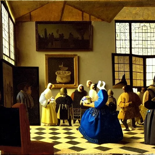 Image similar to a large wedding reception, lots of people, illustrated by johannes vermeer