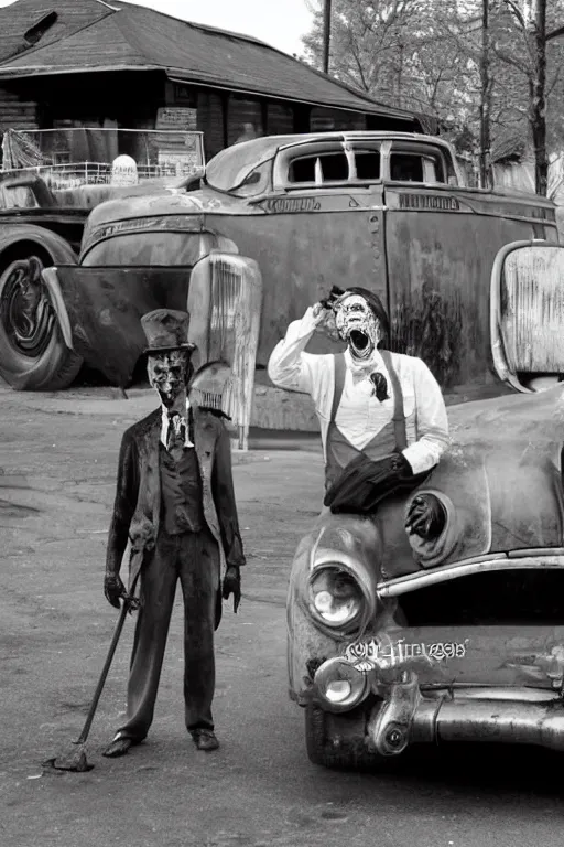 Image similar to A zombie gentleman with a cane stands in the picture near a retro car