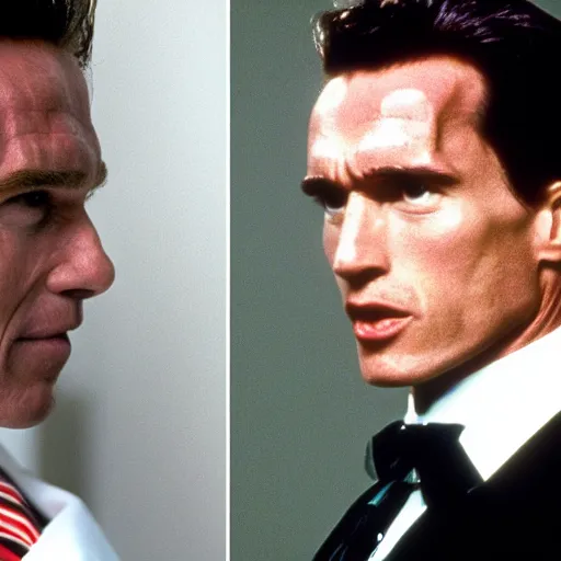 Image similar to arnold schwarzenegger as patrick bateman in american psycho