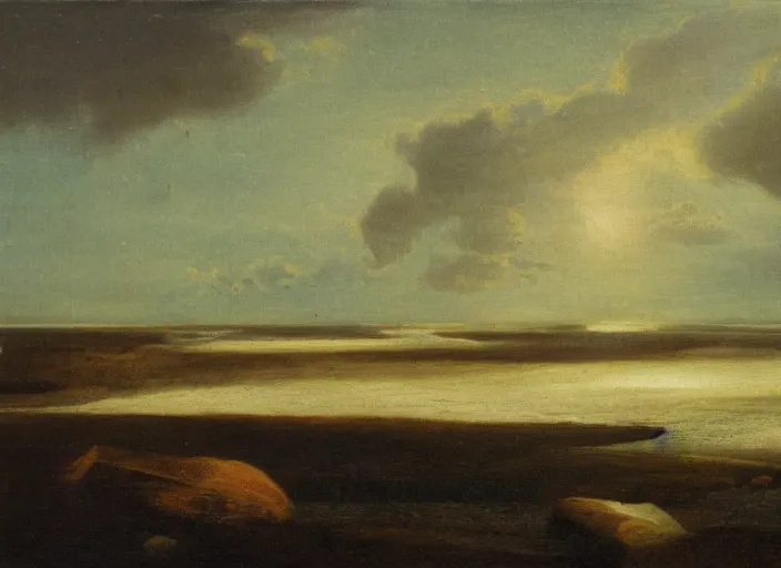 Image similar to the north sea ( doggerland ) frozen over and the water lowered during the last ice ages, in the style of hudson river school of art, oil on canvas