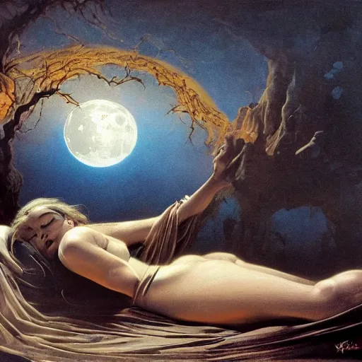 Image similar to sleep of wise old beautiful woman face Desert Spirit, under unresolved evil moon illusion, in the style of Frank Frazetta, Jeff Easley, Caravaggio, extremely clear and coherent, clear lines, 8K resolution, epic masterpiece, detailed, intricate