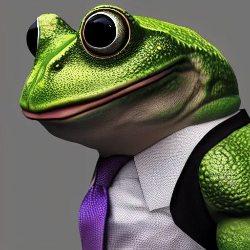 Image similar to a high quality photo of an antropomorphic frog wearing a suit, 3d scene, render, ultra realistic, artstation, cgsociety