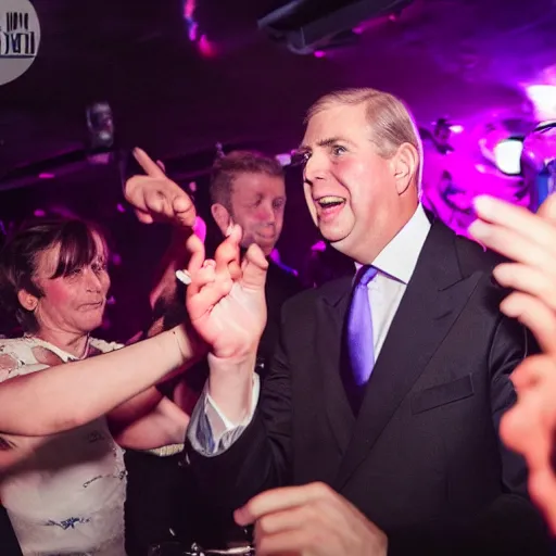 Image similar to prince andrew dancing in a nightclub, sweaty, wide angle, 14mm