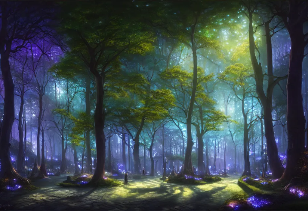 Image similar to Lothlorien at night, very dark with green lights, blue lights and purple lights, elven forest town with houses up in the trees, oil painting, dramatic lighting, Jakub Kasper, Makoto Shinkai, hyperrealistic, cinematic, elegant, intricate