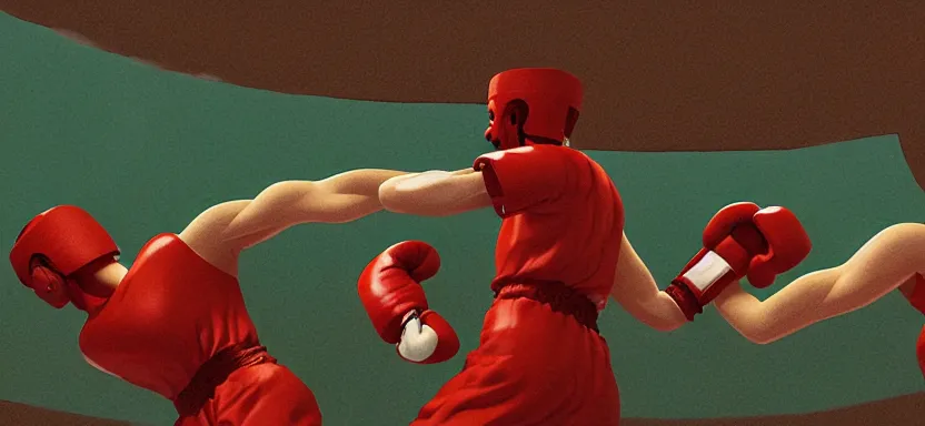 Image similar to handmade illustration of two people boxing, bloody uppercut action shot knockout, line art, octane render with volumetric lighting, 3D illustration by MC Escher, industrial waste processing, bladerunner, green and red radioactive swamp