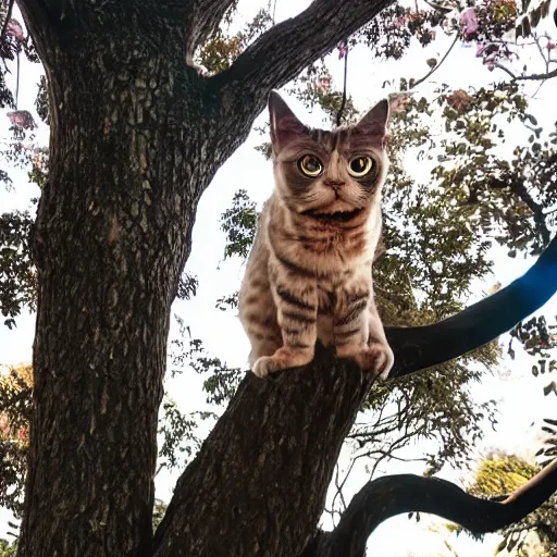 Prompt: mystic cat sitting on a tree and laughing on people that walk nearby