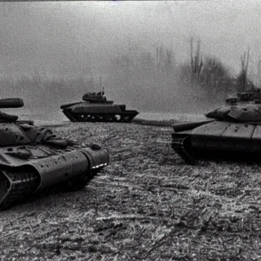 Image similar to flash photograph of russian tanks, accompany by soviet infantry squad, 1985, creepy, haunted, fog, atmospheric, vintage photo