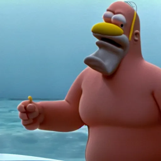 Prompt: A cinematic film still of Homer Simpson in the movie JAWS.