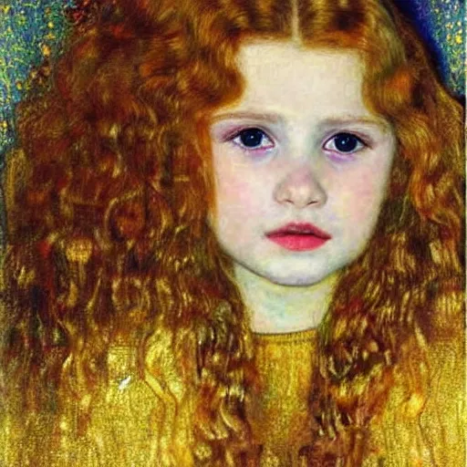 Prompt: incredibly beautiful realistic portrait of a gorgeus young girl by klimt. Young girl long hair. Golden