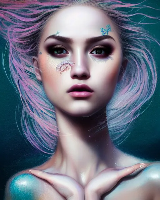 Image similar to ( ( ( portrait of mermaid ) ) ), zoom, rule of thirds, intricate, attractive, symmetrical!!, makeup, loreal, maybelline, sephora, loreal, artstation, art by greg rutkowski and gonzalo ordonez arias, and artgerm, filmic, vsco, moody, gotham, concept art, cg society,