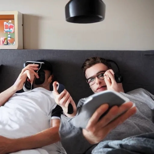 Image similar to two guys laying in bed playing games on there smartphones