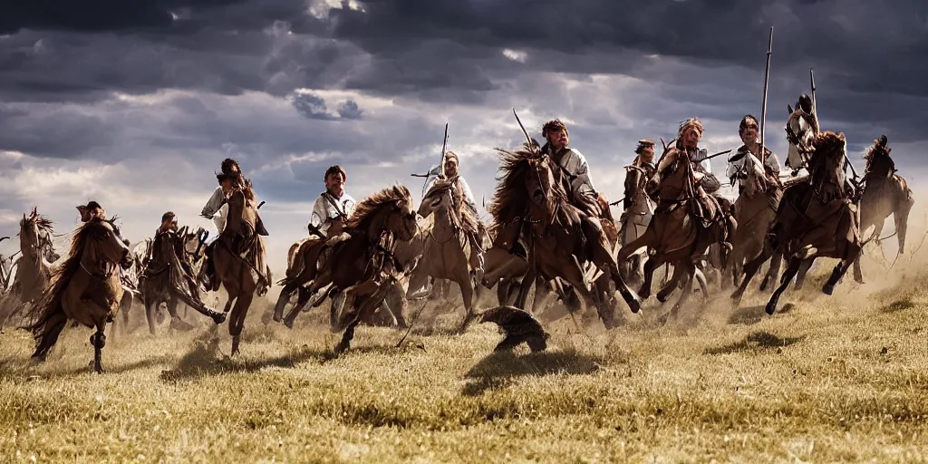 Prompt: promotional movie still of an action shot from the battle of little bighorn, custer's last stand, majestic horses, desperate action, dramatic hdr natural light, cinematic lighting, extremely high detail, photorealistic, imax 7 0 mm, iso 4 0 0, 8 k, 4 k, hq