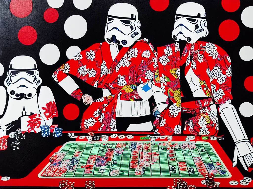 Image similar to hyperrealism composition of the detailed single woman in a japanese kimono sitting at an extremely detailed poker table with stormtrooper, fireworks, river on the background, pop - art style, jacky tsai style, andy warhol style, acrylic on canvas