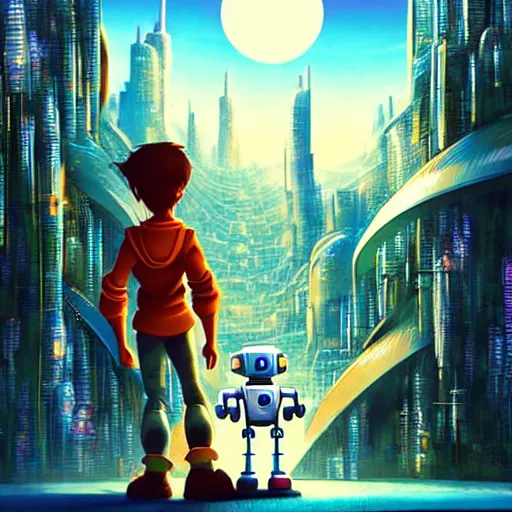 Image similar to film poster, an adventurous boy ( facing the camera ) and his small robot friend, futuristic city backgrond, eleborate composition with foreground and background, depth of field, fantasy illustration by kyoto studio, don bluth!!!, square enix, cinematic lighting