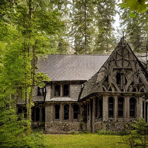 Prompt: a spooky gothic mansion in the woods with mountains in the back, a trail leads to the doors. amy weber, andi rusu, Dan Frazier