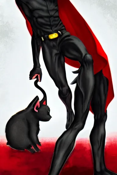 Image similar to little boy with cat ears in an black outfit with red cape. digital artwork made by lois van baarle and kentaro miura and marc simonetti, sharpness focus, inspired by hirohiko araki, anatomically correct, heroic composition, hero pose, smooth, concept art