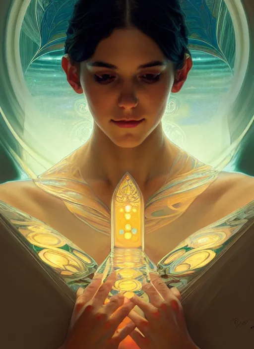 Image similar to symmetry!! portrait of water, glowing lights!! intricate elegant, highly detailed, digital painting, artstation, concept art, smooth, sharp focus, illustration, art by artgerm and greg rutkowski and alphonse mucha