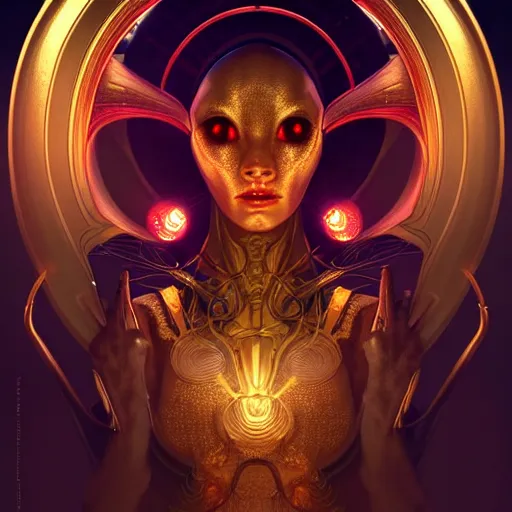 Image similar to hyper advanced repitilian alien ai, sci fi, glowing eyes, volumetric lights, gold theme, art nouveau botanicals, intricate, highly detailed, digital painting, artstation, concept art, smooth, sharp focus, cinematic, illustration, beautiful face, art by artgerm and greg rutkowski and alphonse mucha