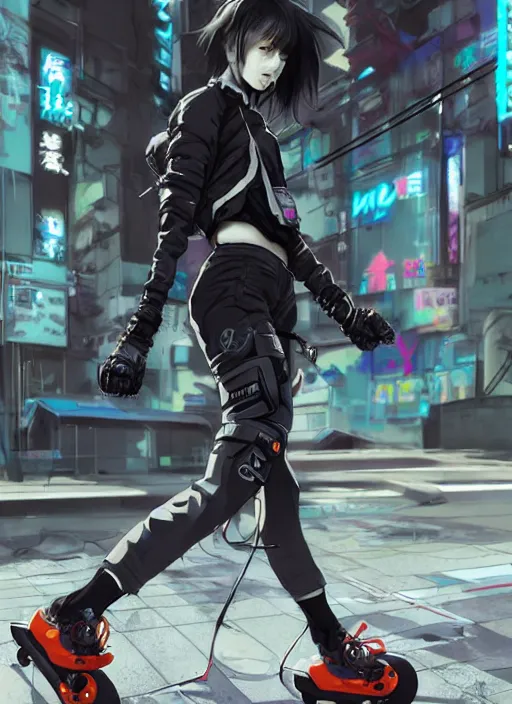 Image similar to hyper - realistic cyberpunk anime woman wearing inline skate, tokyo street, extreme detail, good face, model, concept art, in style of yoji shinkawa, pan ren wei, col price, atey ghailan, by greg rutkowski, aesthetic