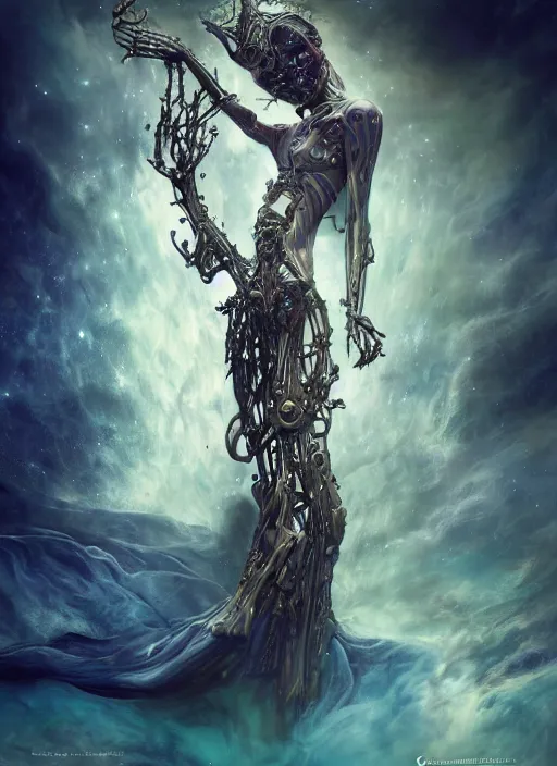 Prompt: epic portrait of menacing and agitated yet stunningly beautiful biomechanical djinn the unwilling god of creation overseeing the iridescent fabric of the universe, by charlie bowater, mandy jurgens, gustav klimt, octane render, dramatic camera angle, 4k, 8k, high detail, HDR, by tom bagshaw, powerful, with inspiration from Beksinski, inspired by greek goddess Athena