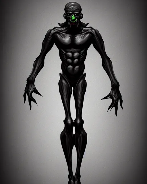 Prompt: concept art of a tall humanoid creature with matte black skin, a distorted horrifying face, horror | | epic - fine - clean, polished, trending on artstation, brush strokes