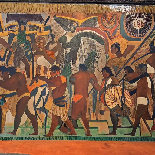 Prompt: a highly detailed populist taino mural with tropical iconography by diego rivera