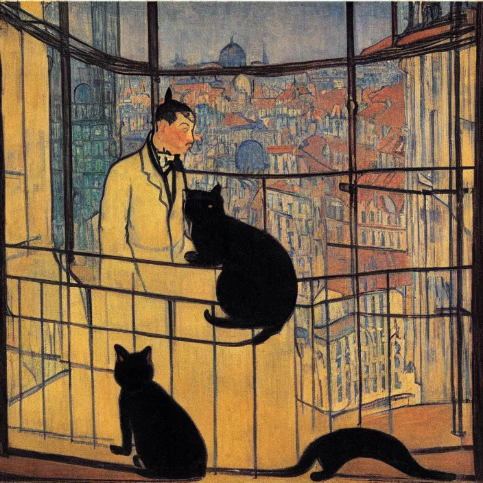 Prompt: couple under a baldachin with city seen from a window frame at night. fuzzy black cat. henri de toulouse - lautrec, utamaro, matisse, felix vallotton, monet