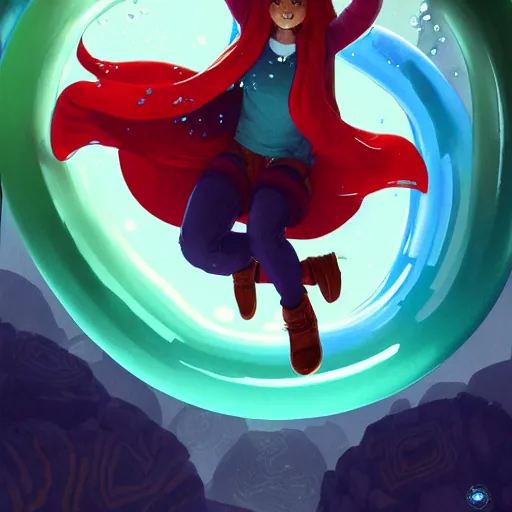 Image similar to madeline from celeste jumping into a green jelly bubble wearing a blue bubble jacket has a red long hair, highly detailed, digital painting, artstation, concept art, sharp focus, illustration, art by greg rutkowski and alphonse mucha