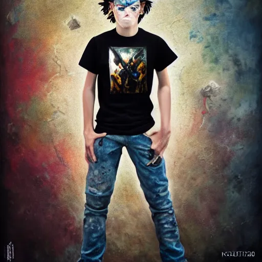 Image similar to portrait of modern teenage boy in a metallica t - shirt painting warhammer 4 0 k figurines, depth of field, zeiss lens, detailed, centered, fashion photoshoot, by nicoletta ceccoli, mark ryden, lostfish, breathtaking, 8 k resolution, extremely detailed, beautiful, establishing shot, artistic, hyperrealistic, octane render