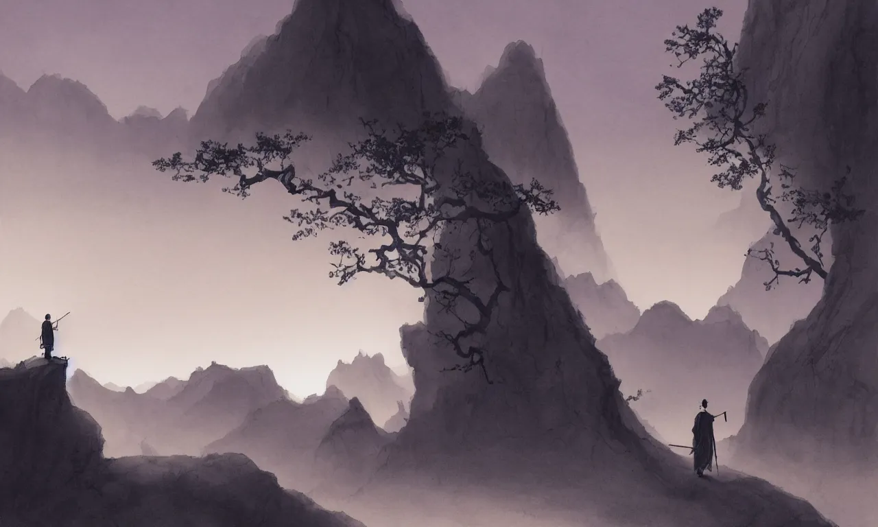 Prompt: Black ink watercolour painting of one lonely taoist monk walking with a stick and a long red robe blown by the dusty wind through mountainous canyons, a few wretched dry trees hanging, lit by the light of the sunset, glimmer of the horizon in the far distance, a place abandoned by gods, hyperdetailed artstation cgsociety by greg rutkowski and by gustave dore