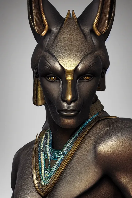 Image similar to highly detailed matte portrait of anubis in the duat, cgi, glistening, specular highlights, intricate detail, digital painting, zbrush