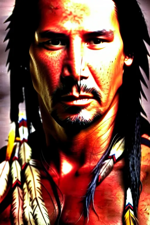 Prompt: Photo of Native American indian man Keanu Reeves, portrait, skilled warrior of the Apache, ancient, realistic, detailed, Keanu Reeves