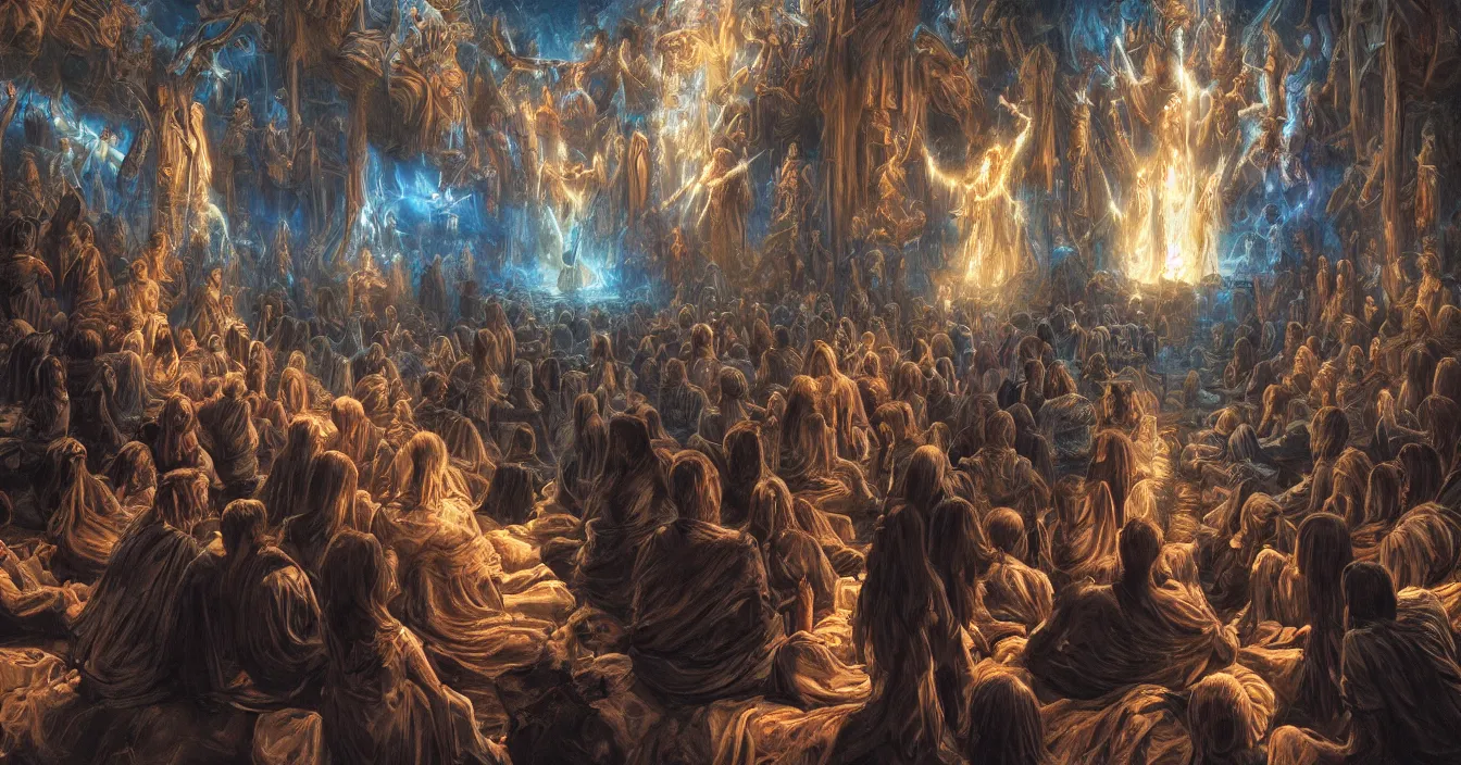 Prompt: rear view of the seated souls in the cinema and watching volumetric light of consciousness projecting their lives in front of them on the big screen, realistic, deep sense of spirituality, visual plasticity, unreal engine quality, raytracing, vray shading, style of donato giancola