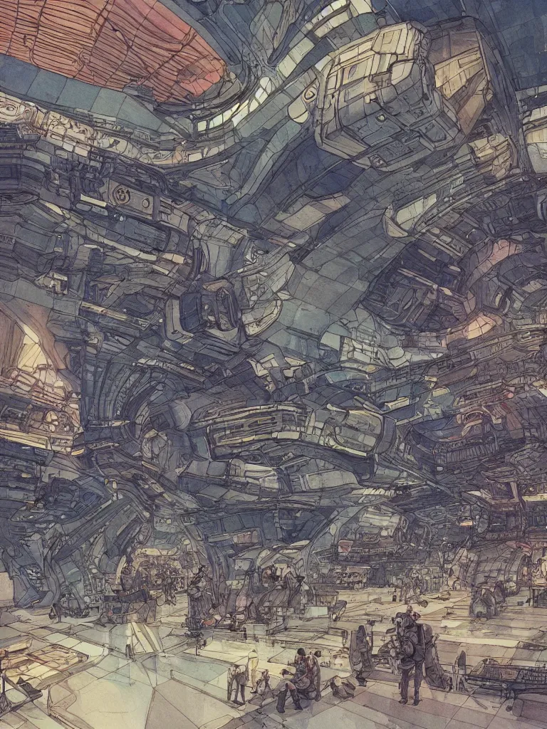 Image similar to interior of a busy spaceport, intricate watercolor and ink artwork by moebius. trending on artstation, very coherent symmetrical artwork. cinematic, hyper realism, high detail