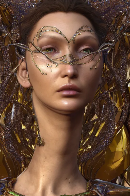 Image similar to a highly detailed metahuman 4 k close up render of an alien goddess bella hadid as kali in iris van herpen dress schiaparelli in diamonds swarovski and jewelry in style of alphonse mucha gustav klimt trending on artstation made in unreal engine 4