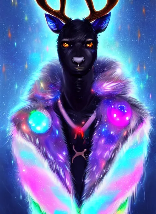 Prompt: award winning beautiful portrait commission of a male furry anthro Black Reindeer cyberpunk fursona with a tail, wings, wings, wings and a cute beautiful attractive detailed furry face wearing stylish black and rainbow galaxy clothes, outline, in a cyberpunk city at night while it rains. Character design by charlie bowater, ross tran, artgerm, and makoto shinkai, detailed, inked, western comic book art