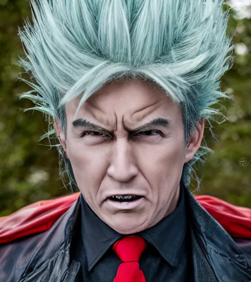 Image similar to award winning 5 5 mm close up portrait color photo of super saiyan trump, in a park by luis royo. anime horror style. soft light. sony a 7 r iv