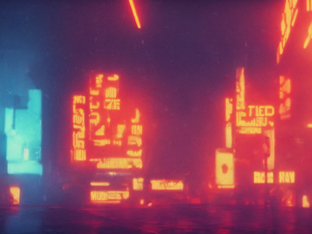 Image similar to David Bowie, close-up, film still from Blade Runner 2049, beautiful lighting, raining, neon lights, cinematic, depth, ultra-sharp details