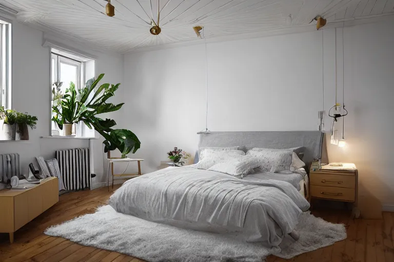 Image similar to A sunny bedroom, exquisite decoration, all Nordic style furniture, high tech