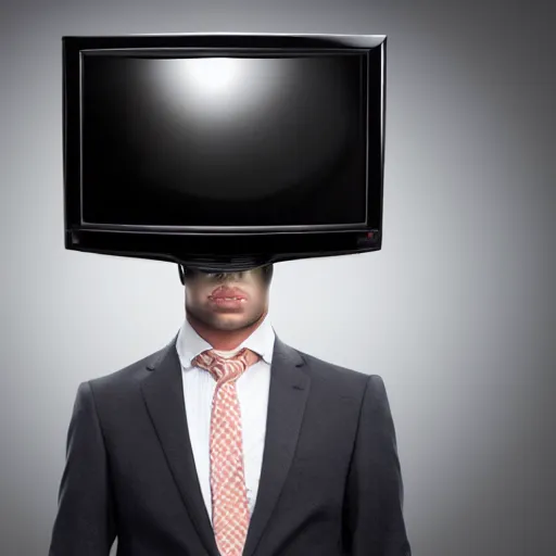 Image similar to a man in a suit wearing a tv on his head, head replaced with a tv, tv covering head